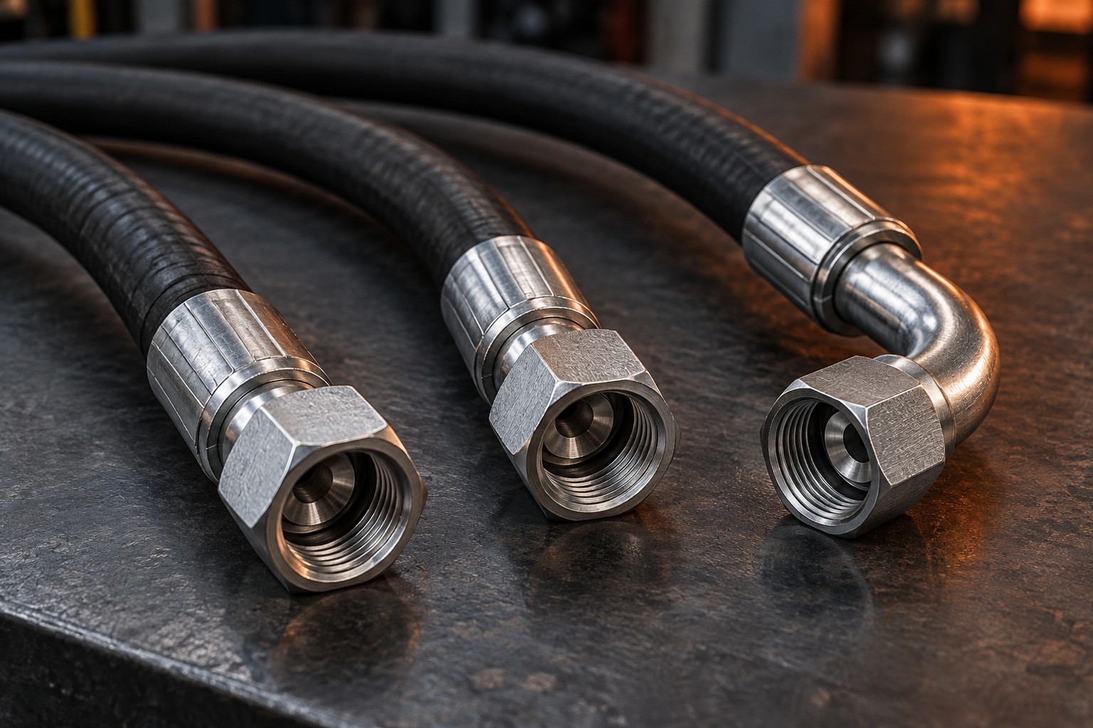 Close-up of hydraulic hose assemblies and silver swivel fittings on a workshop bench